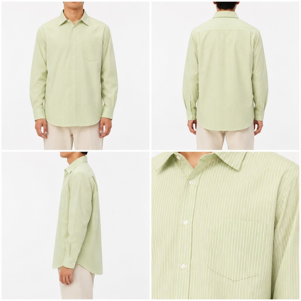 Ike Behar Dress Shirt Mens 17.5-34 Green White Striped Pocket Long Sleeve Formal
